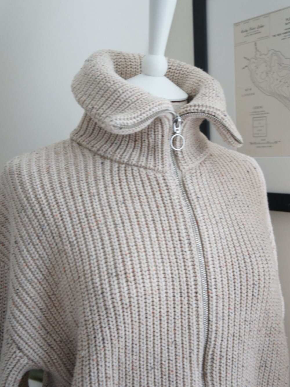 Old Navy Oatmeal Heather Ribbed Full Zip Cardigan Turtleneck Knit Sweater Size L